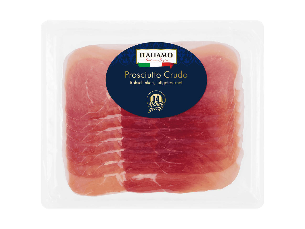 Verpackung mit zwei Scheiben Prosciutto Crudo von Bortolotti.