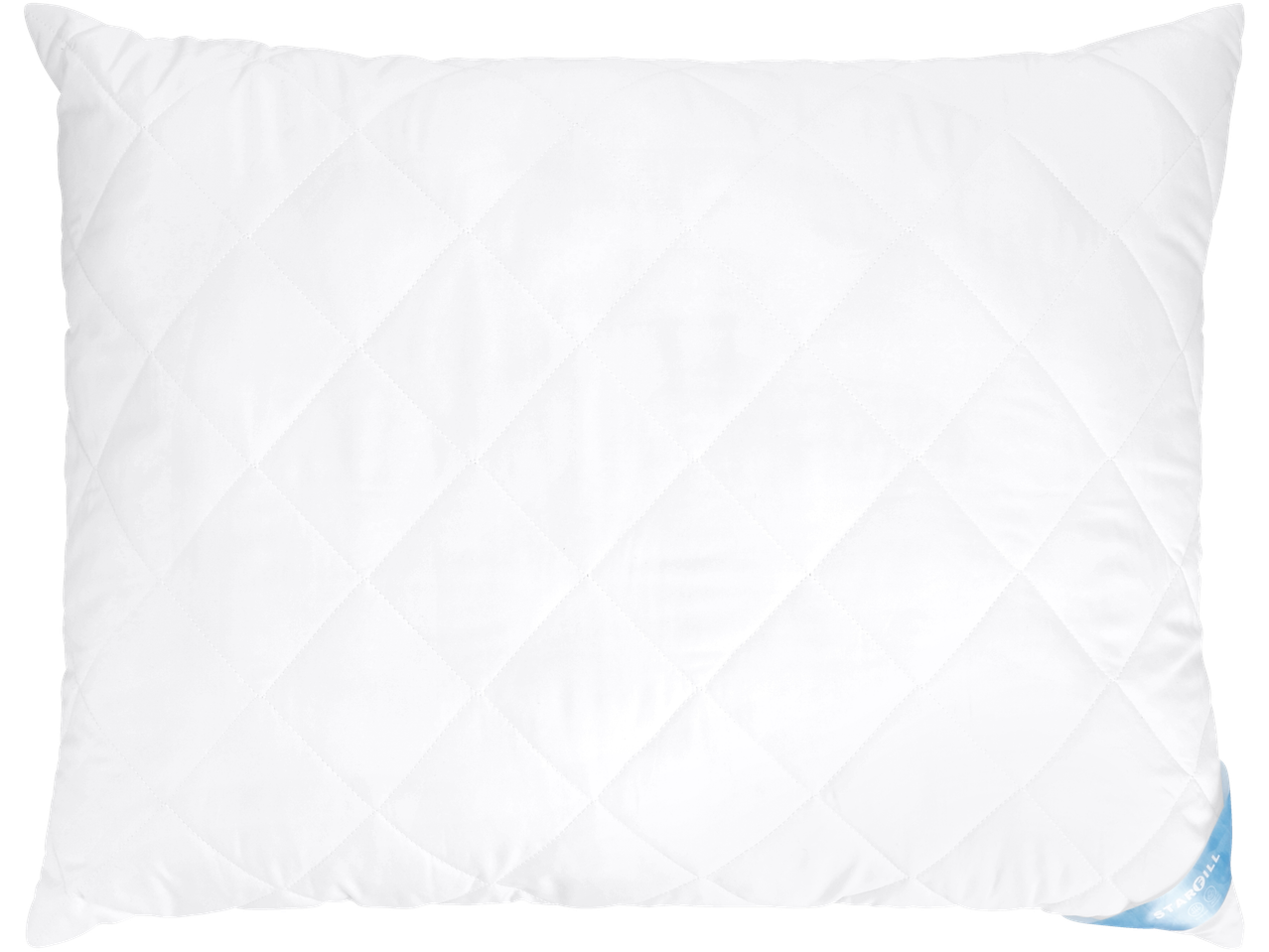 Balts stepēts spilvens LIVARNO Starfill (GRS) ar zilu etiķeti.