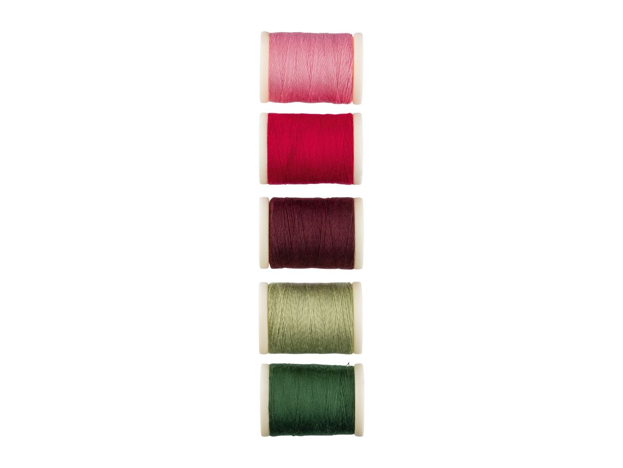 Five spools of sewing thread in shades of pink, red, burgundy, light green, and dark green