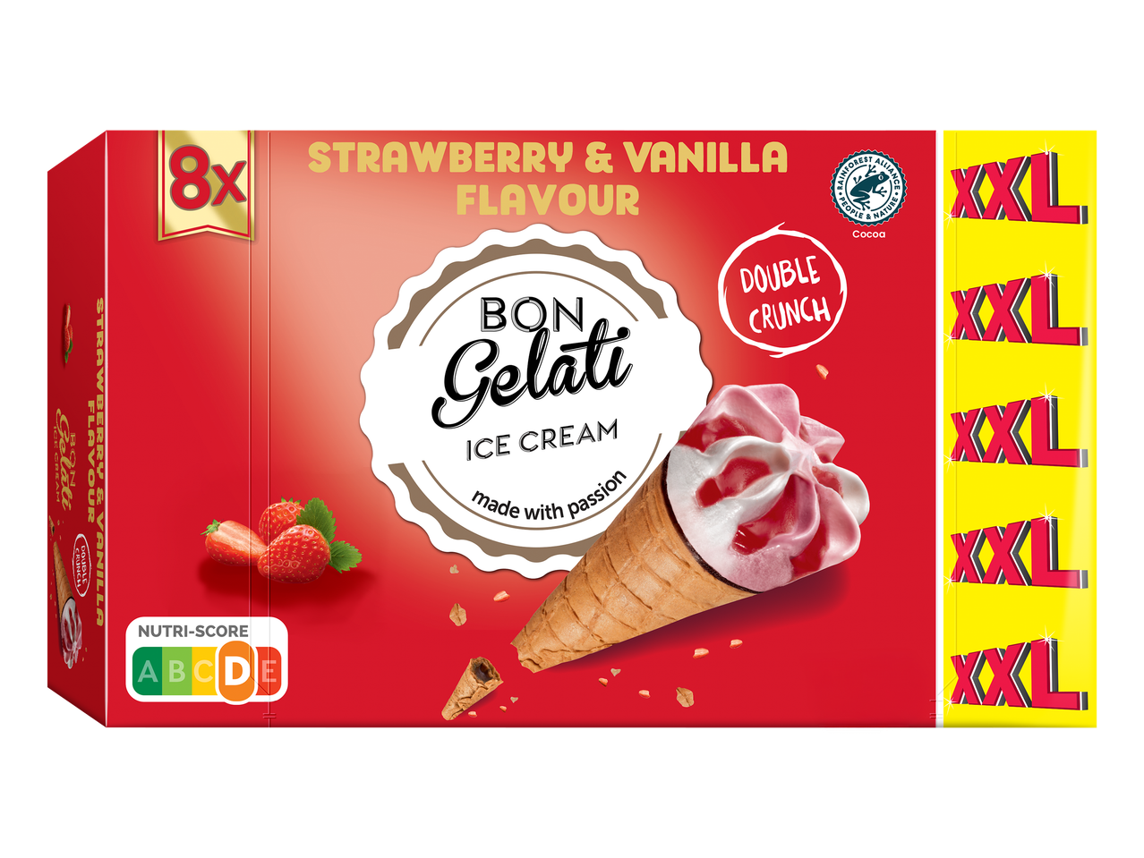 Boîte de 8 cornets de glace à la fraise et à la vanille, avec Nutri-Score D et label Rainforest Alliance.