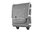 Grey shopping trolley with white elastic cords and wheels.
