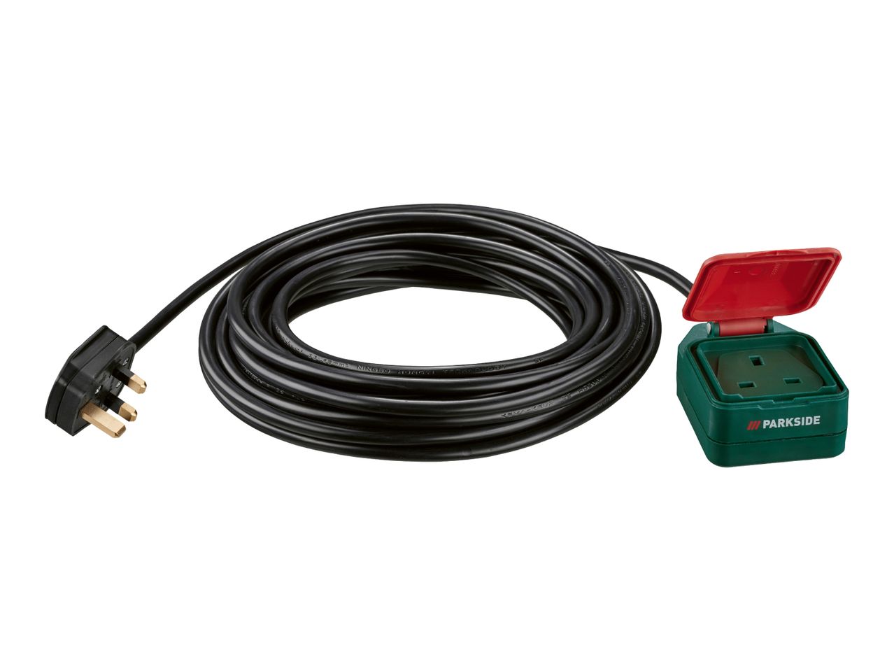 Black outdoor extension lead with a single socket and protective red cover