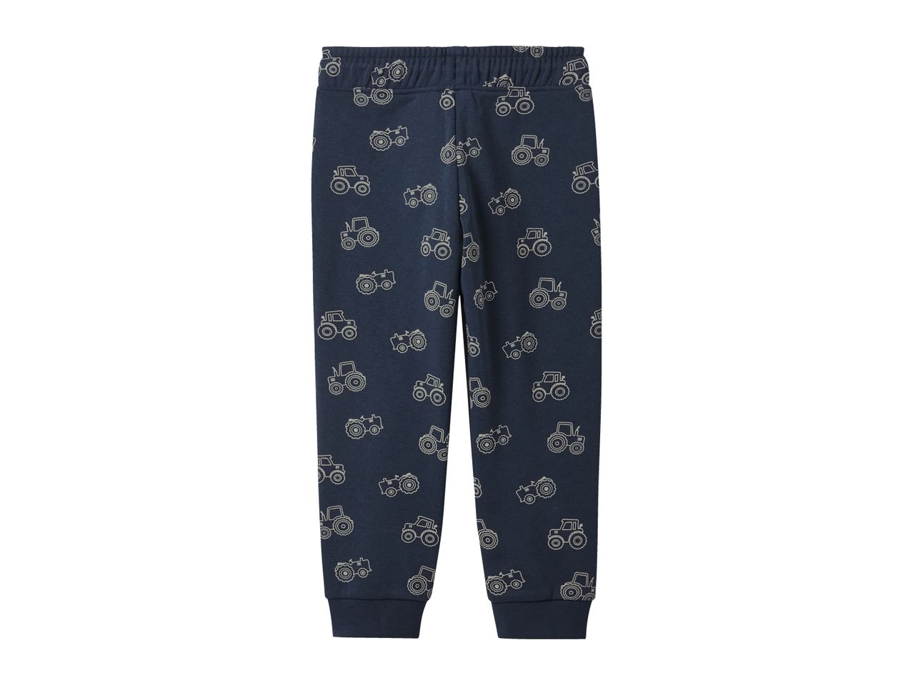 Dark blue children's sweatpants with a white tractor pattern.