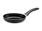 Black frying pan with a handle on a white background.