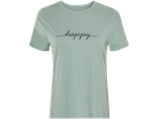 Šviesiai žalsvi marškinėliai moterims su užrašu 'Happy'.