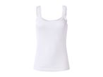 White ribbed tank top with lace trim on the neckline and straps.