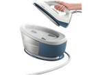 A steam iron held by a hand, with its water tank base unit below.