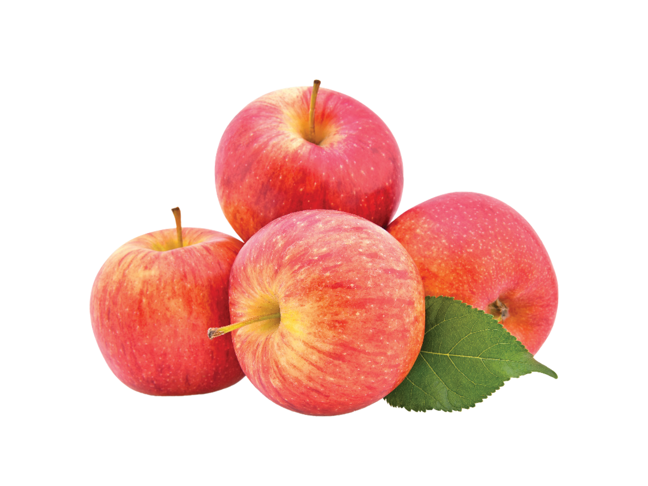 Četiri crvene jabuke sa zelenim listom.