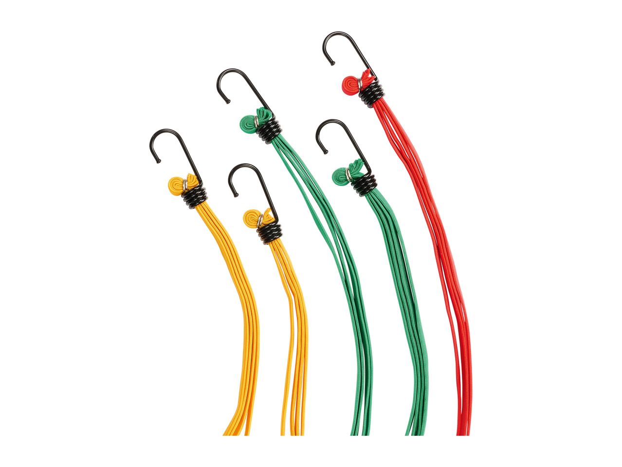 Assortment of bungee cords with hooks in various colors.