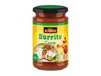 Jar of burrito sauce with a yellow label featuring burritos, vegetables, and text.