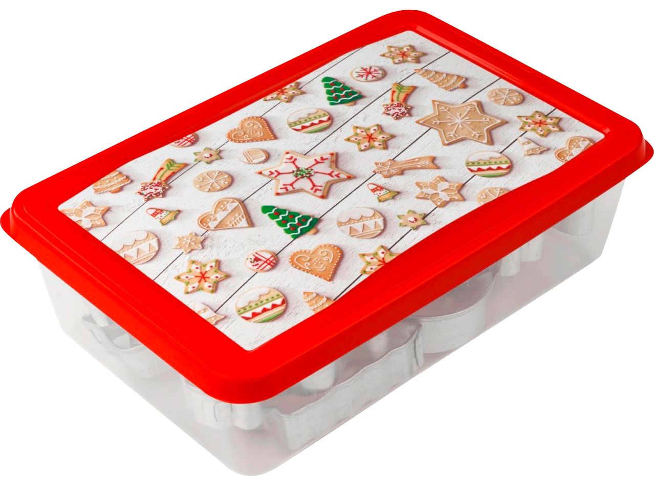 Комплект форми за коледни сладки в прозрачна кутия с червен капак.