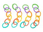 Four colorful chains of baby teething rings in green, purple, orange, yellow, red, and teal.