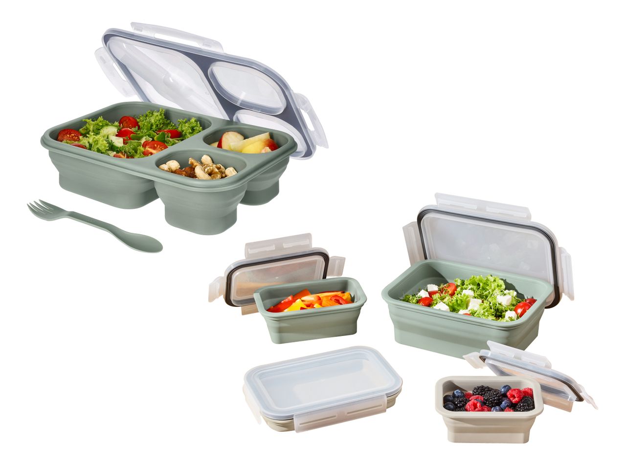Mehrere faltbare Frischhaltedosen in Grün und Beige, gefüllt mit Salat, Obst und Nüssen.