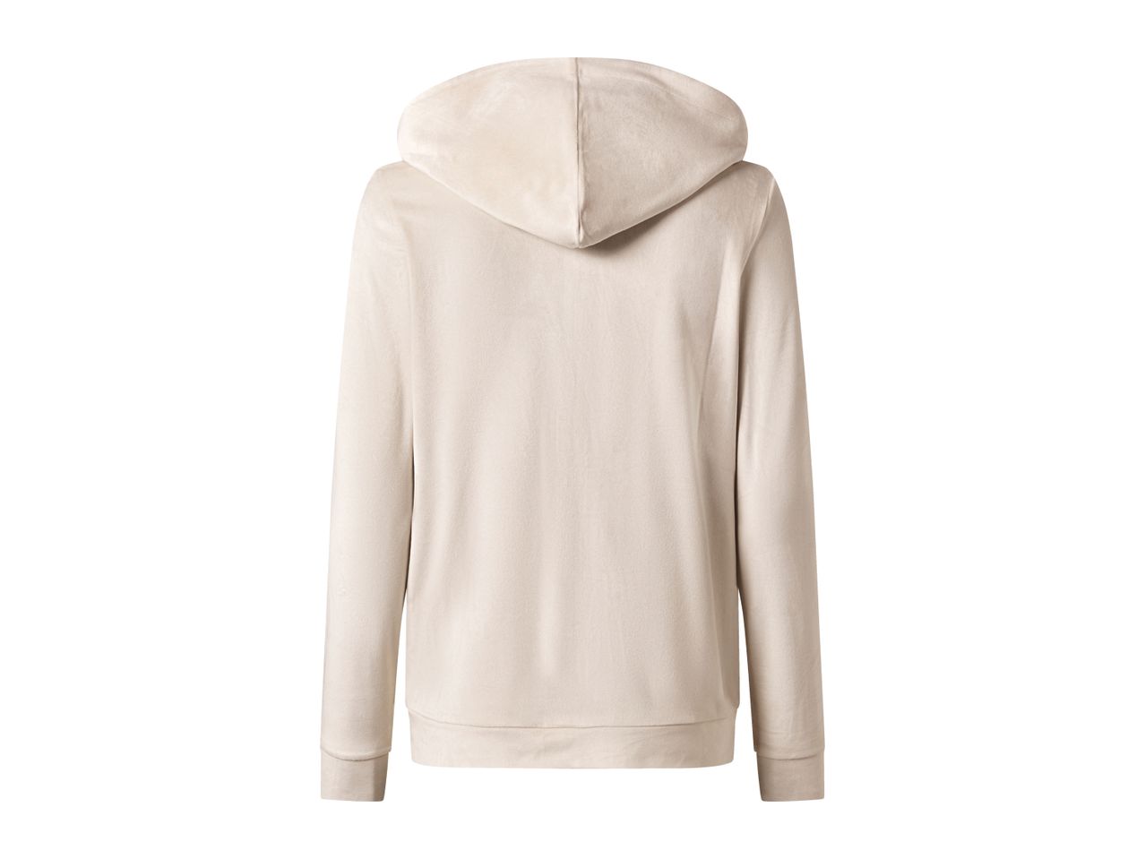 Back view of a plain beige hoodie.