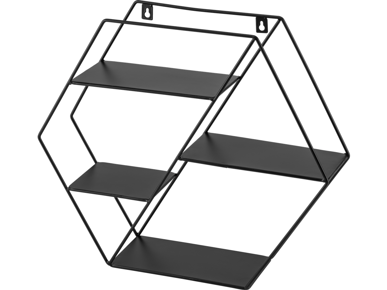 Εξάγωνο ράφι τοίχου LIVARNO από μαύρο μέταλλο με τέσσερα επίπεδα.