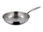 Stainless steel frying pan with a polished finish and a long handle.