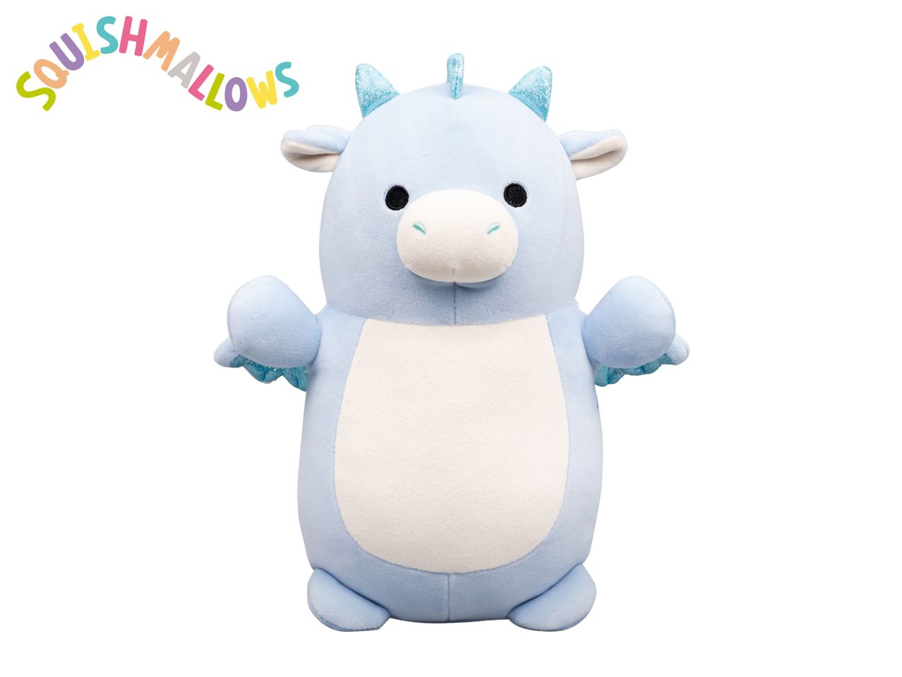 Light blue dragon plush toy with a white belly and colorful 'SQUISHMALLOWS' text above.