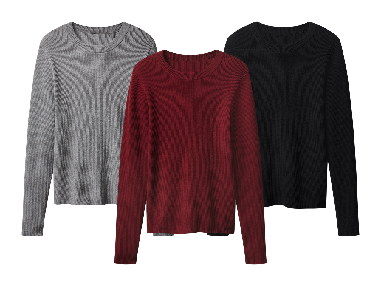 Tri rebrasta džempera dugih rukava u sivoj, bordo i crnoj boji.