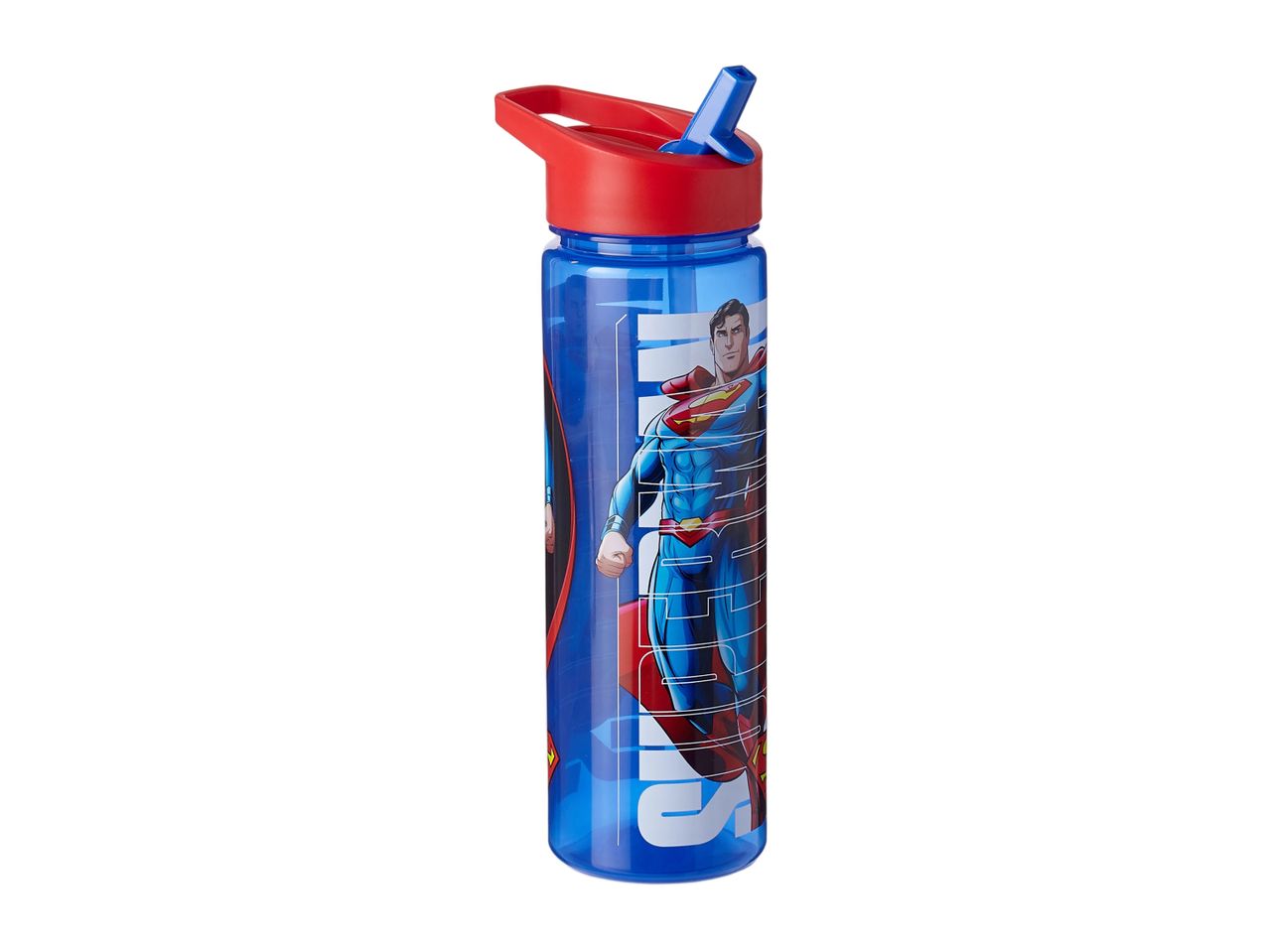 Blue Superman water bottle with a red lid and blue straw