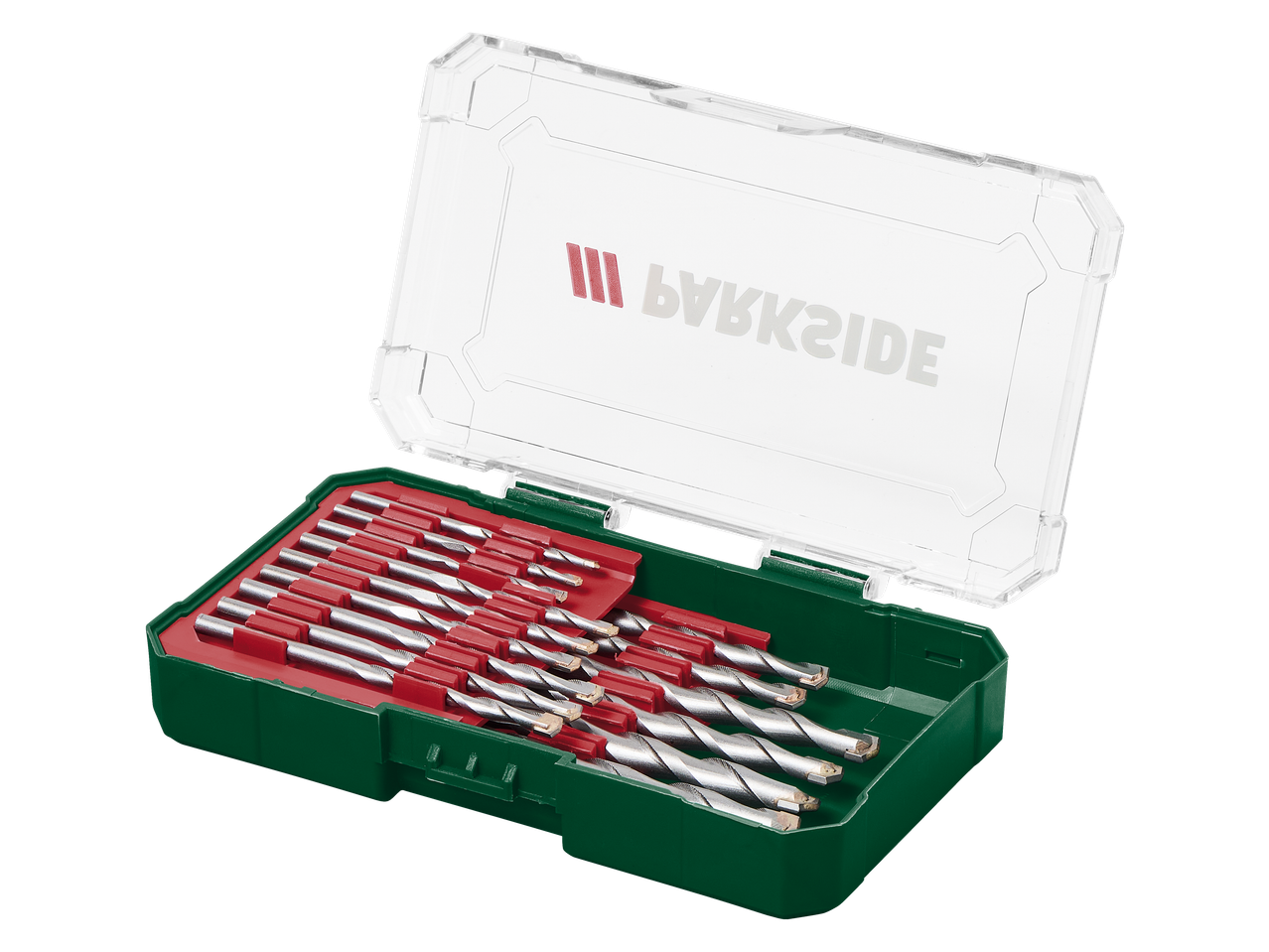 A set of drill bits in a green and red plastic case with a clear lid.