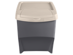 W5 Recyclingstation: Balde de lixo cinzento com tampa bege e ranhuras.