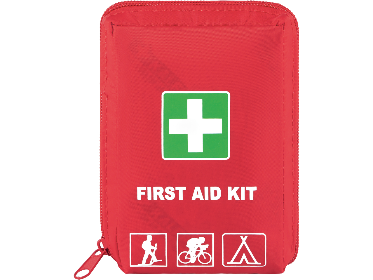 Red first aid kit with a white cross on a green square, and icons for hiking, cycling, and camping.