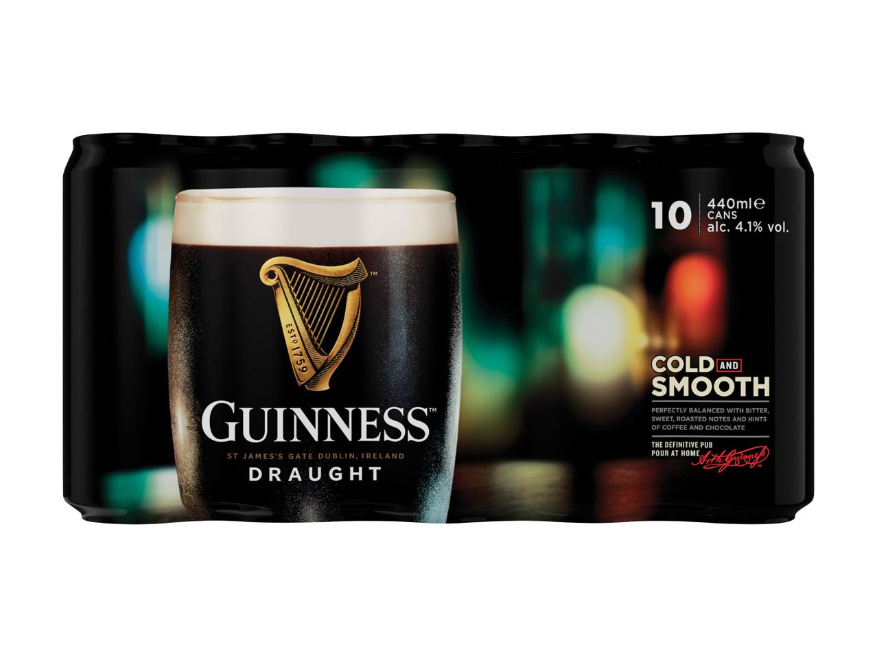 A 10-pack of 440ml draught stout cans, 4.1% vol., described as cold and smooth.