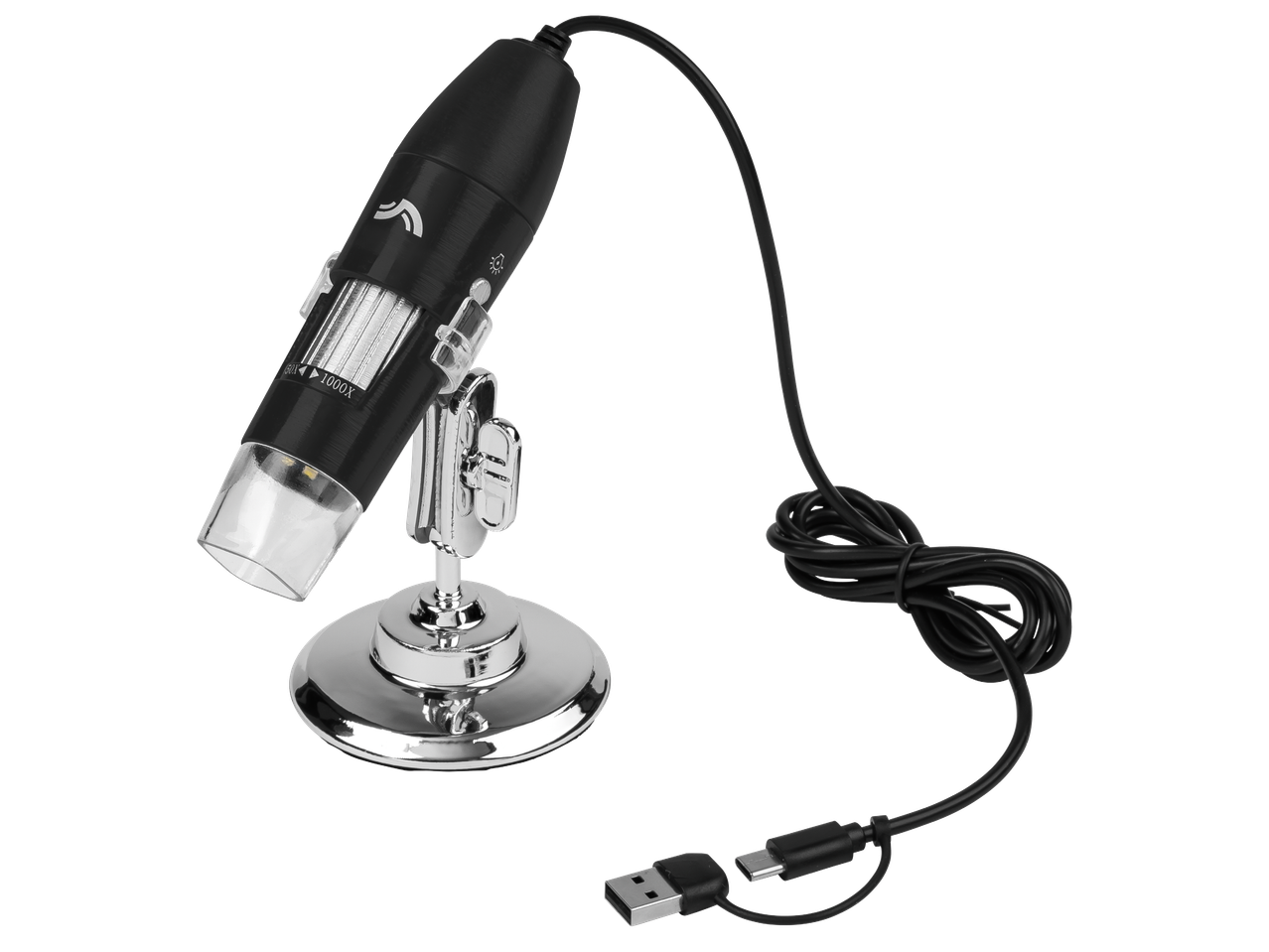 Цифров микроскоп с USB кабел и стойка, показващ увеличение от 50x до 1000x.