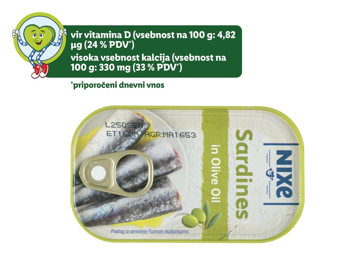 Nixe sardine v olivnem olju, bogate z vitaminom D in kalcijem.