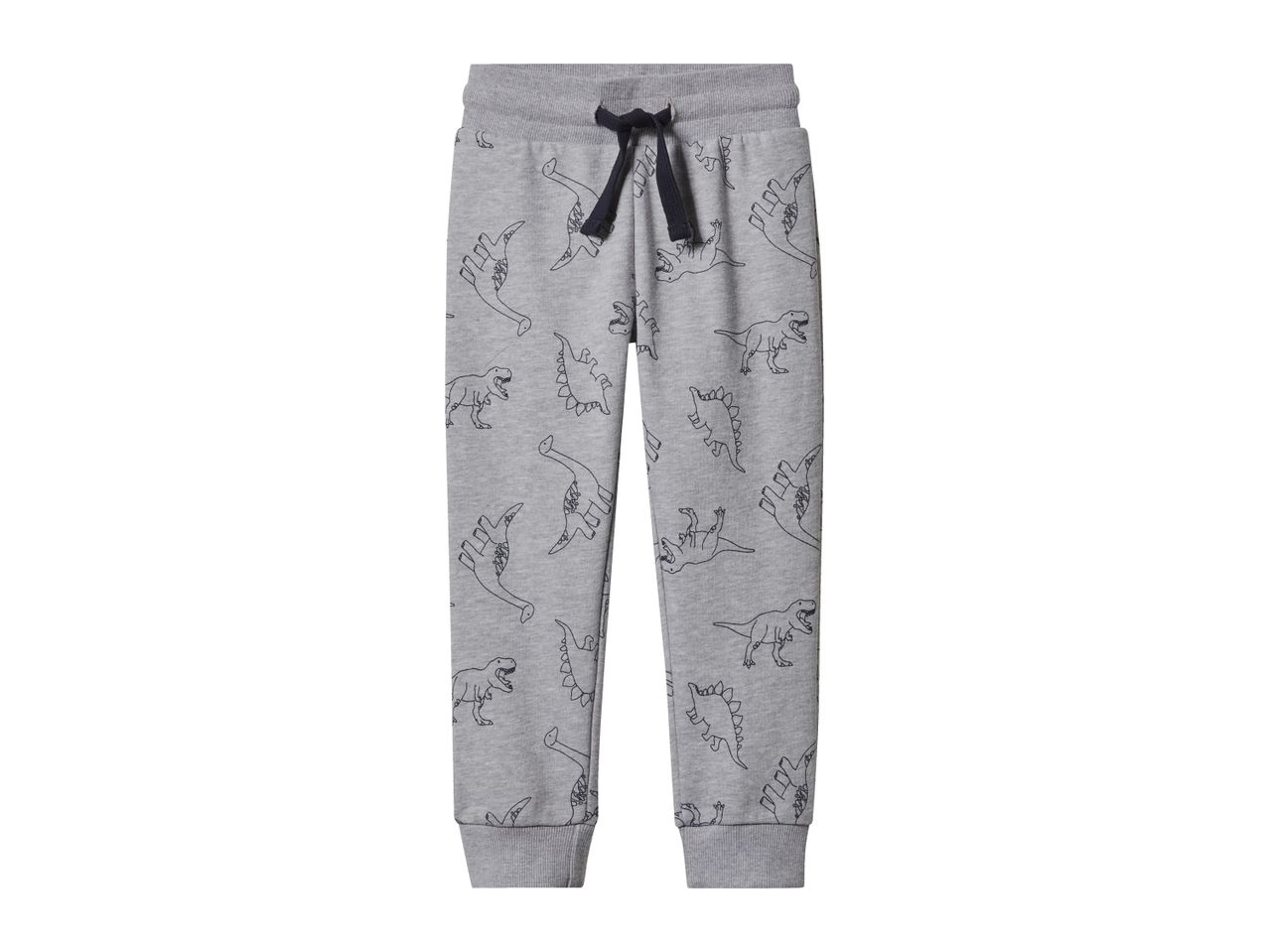 Grey children's joggers with a black drawstring and an all-over dinosaur print.