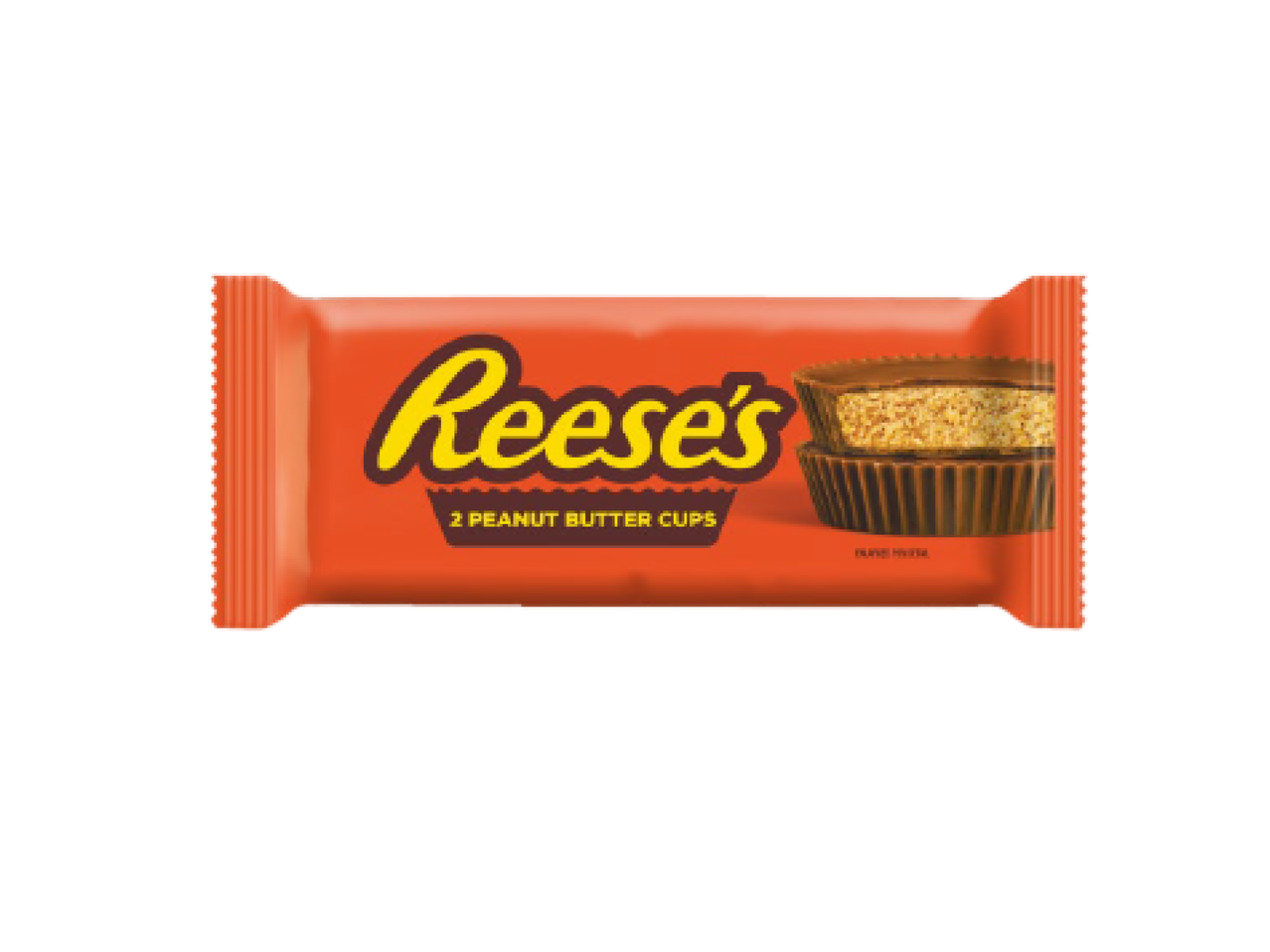 Embalagem laranja de dois bombons de manteiga de amendoim com cobertura de chocolate.