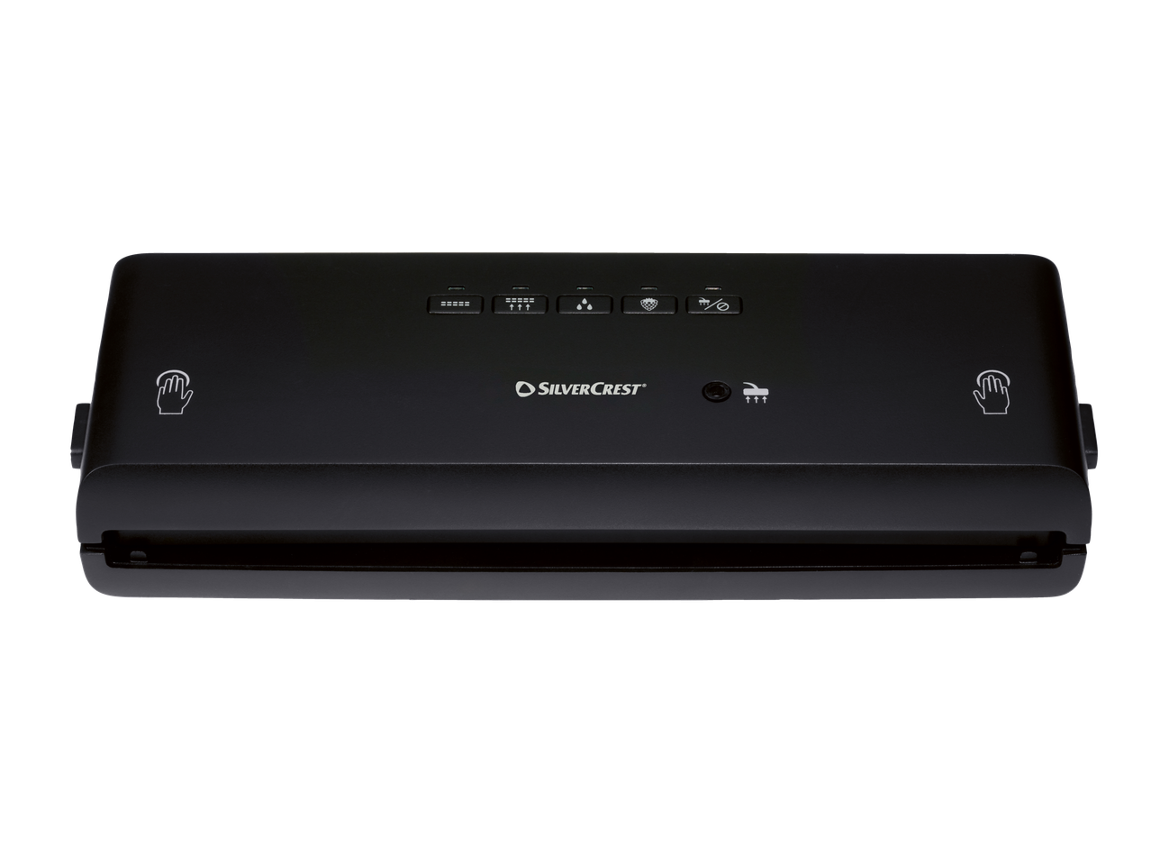 Silvercrest vakuuminė mašina su valdymo mygtukais juodame fone.