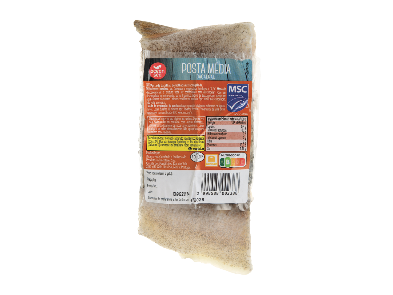 Embalagem de posta de bacalhau congelada com informação nutricional e instruções de preparação.