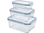 Three stacked rectangular glass food storage containers with light blue lids.