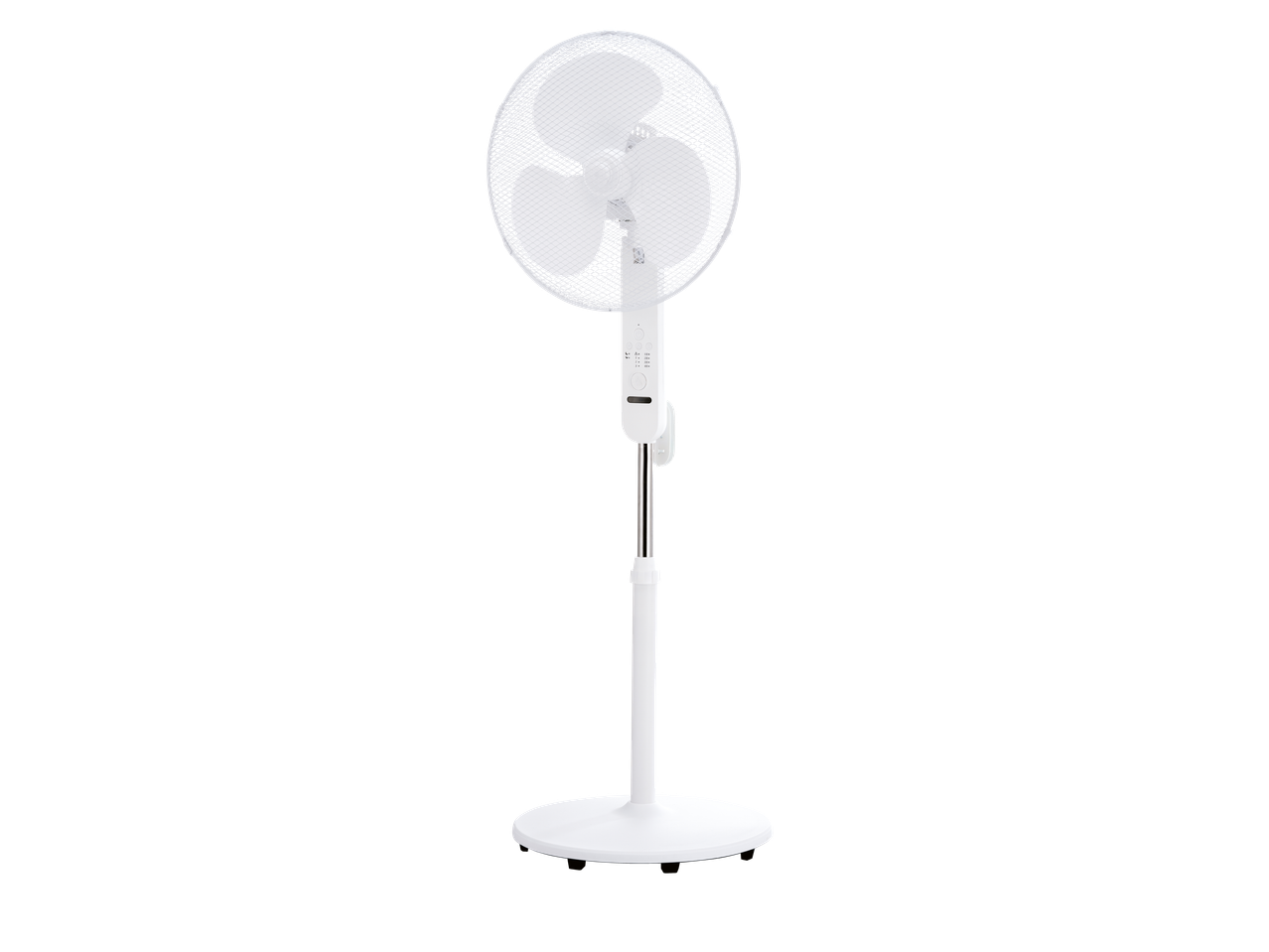White pedestal fan with a round base and control panel, isolated on a black background.