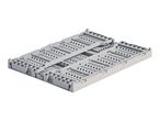 Folded gray plastic crate with perforated sides and bottom, angled view.