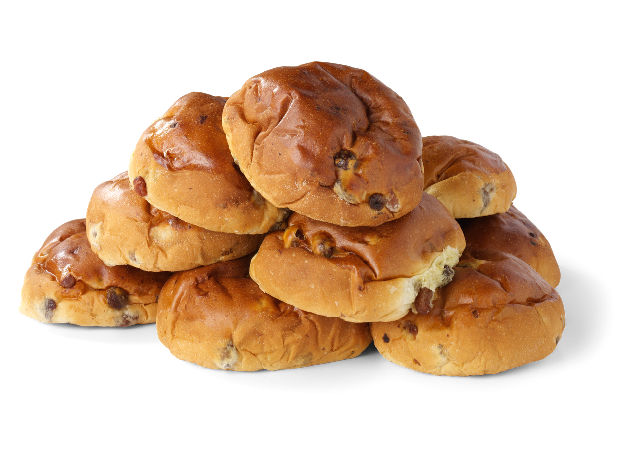 Een stapel zoete broodjes met rozijnen.