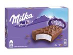 Lilla æske med chokolade- og flødeisbarer, med en ko og bjerge i baggrunden. Tekst: Choco Snack.