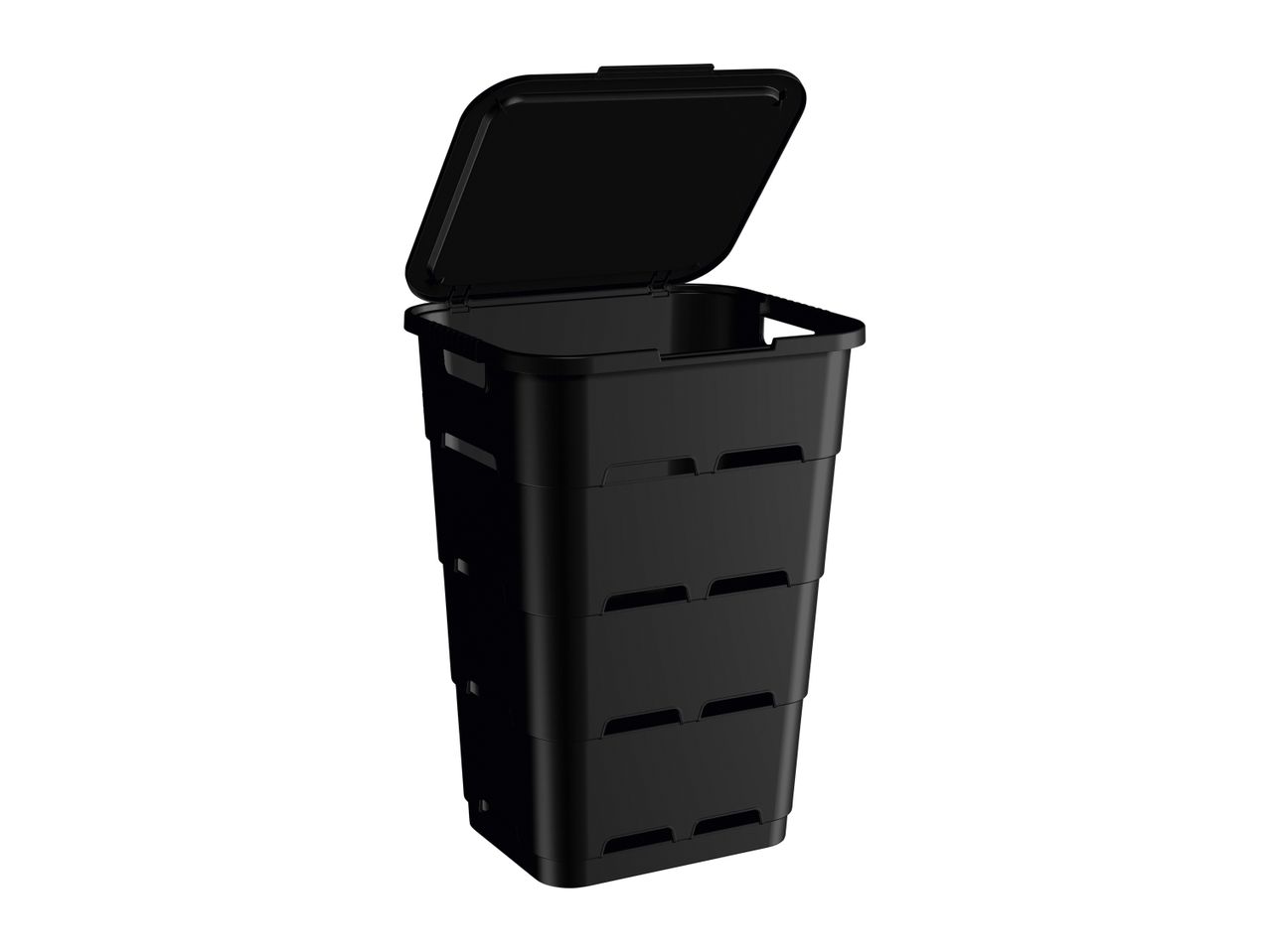 A black plastic rectangular trash can with a hinged lid slightly ajar.