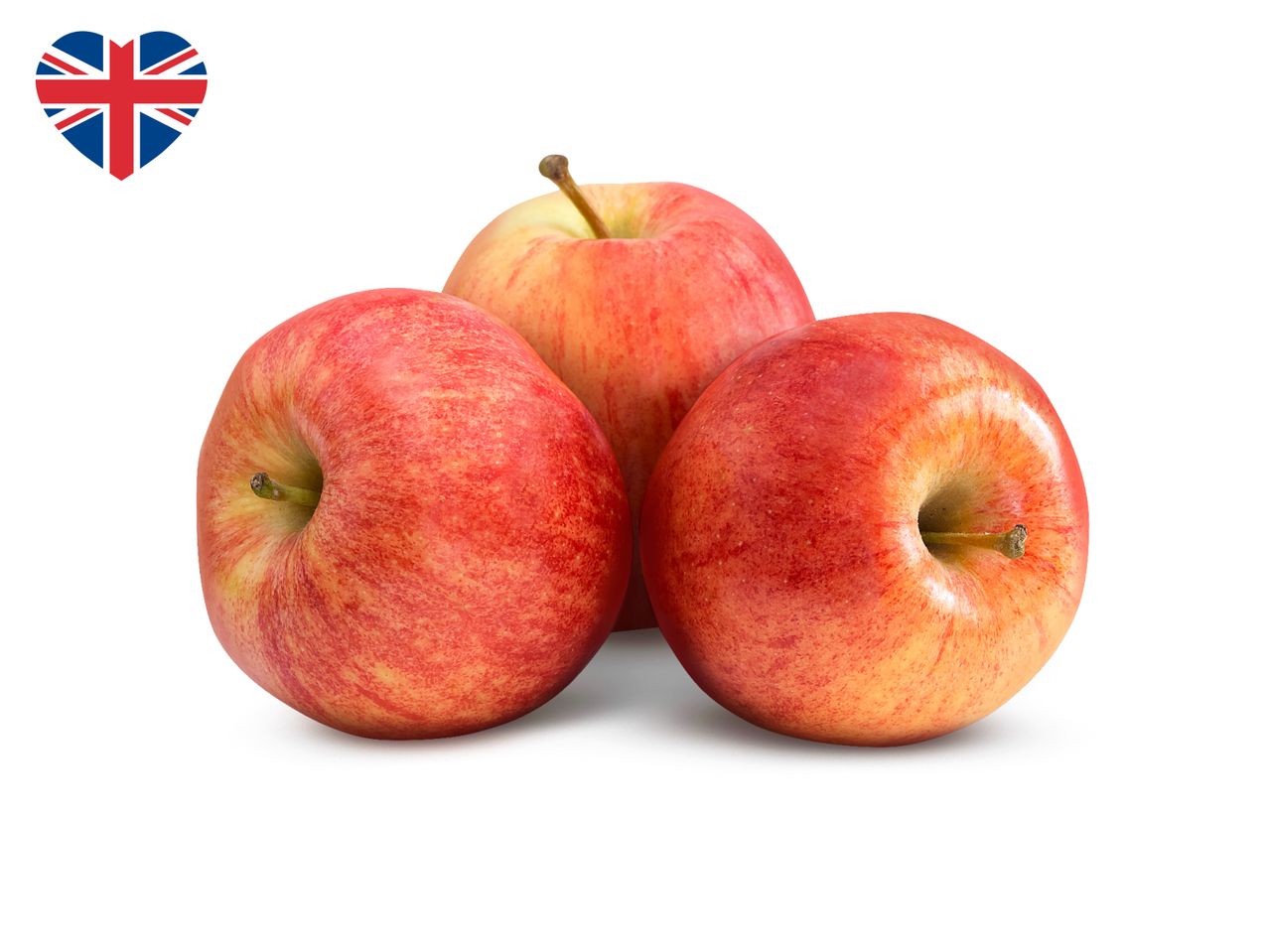 Three red and yellow apples with a heart-shaped Union Jack flag.