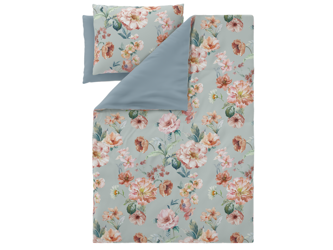 Floral duvet cover set with a light blue background and peach-colored flowers