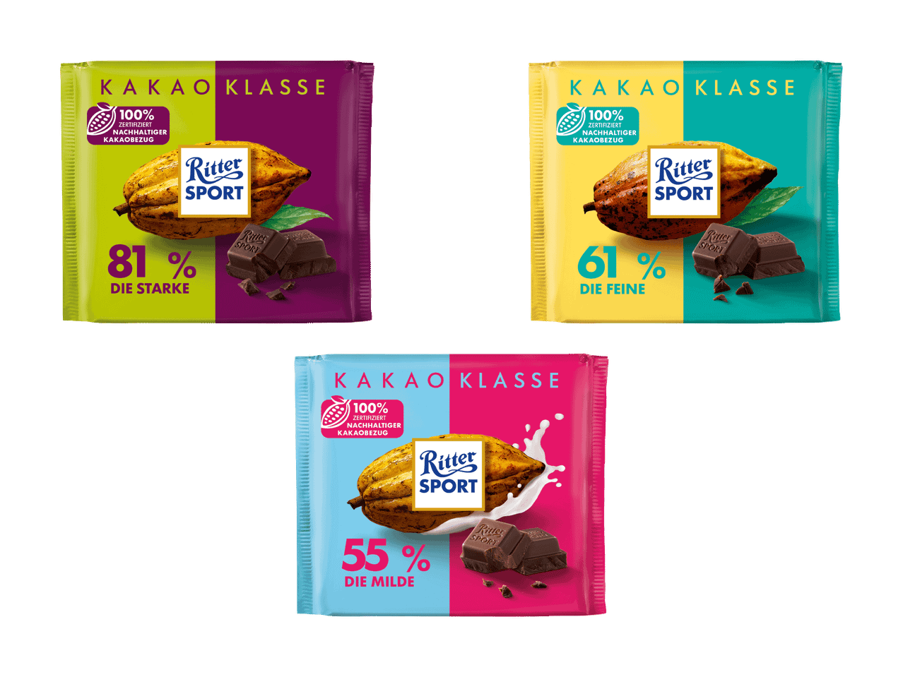 Drei Ritter Sport KAKAO KLASSE Schokoladentafeln mit unterschiedlichem Kakaoanteil.
