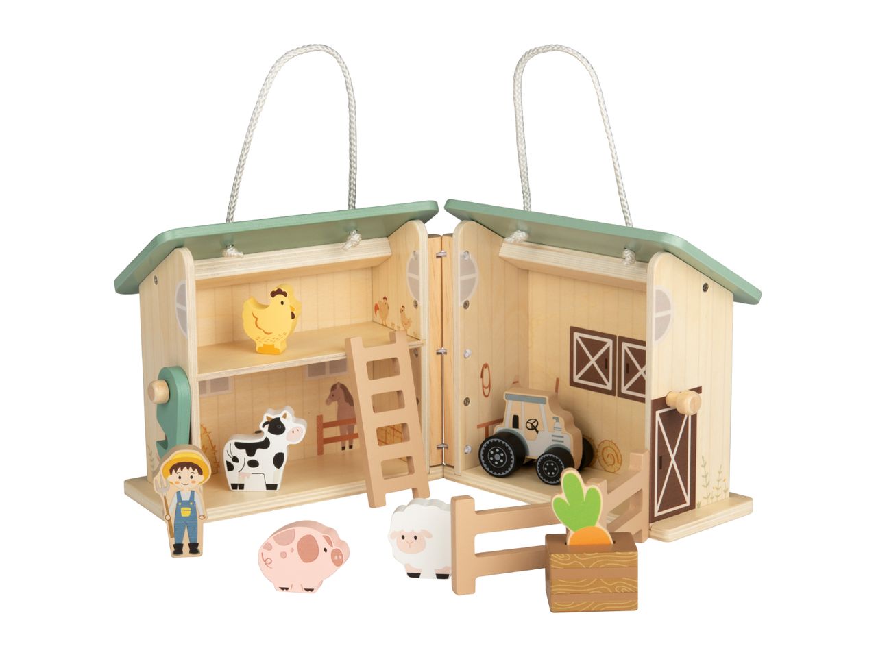 Wooden toy farm playset with farmer, animals, tractor, and barn that opens up.