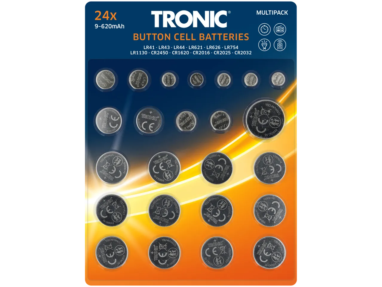24-pack of TRONIC button cell batteries in various sizes.