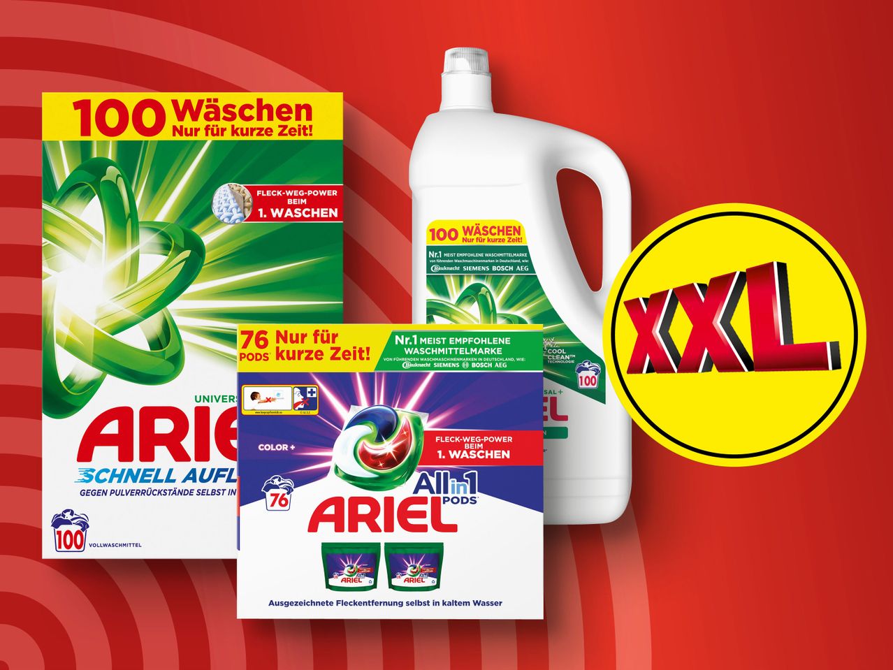 Neue Produktinformationen Ariel Waschmittel Wäschen 76/100/68