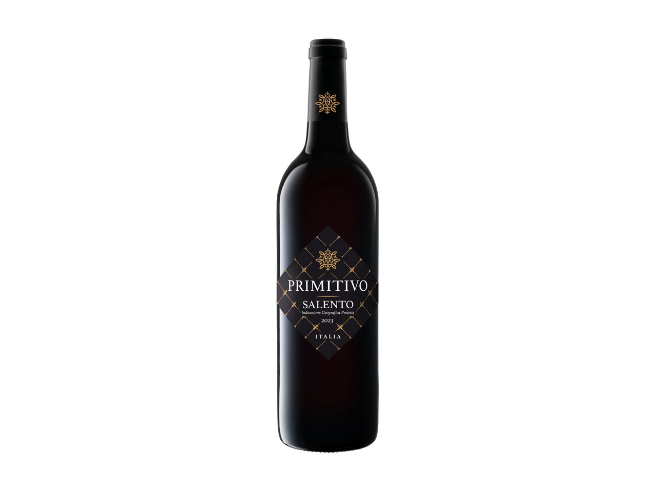 Bottiglia di Primitivo Salento 2023, vino italiano.