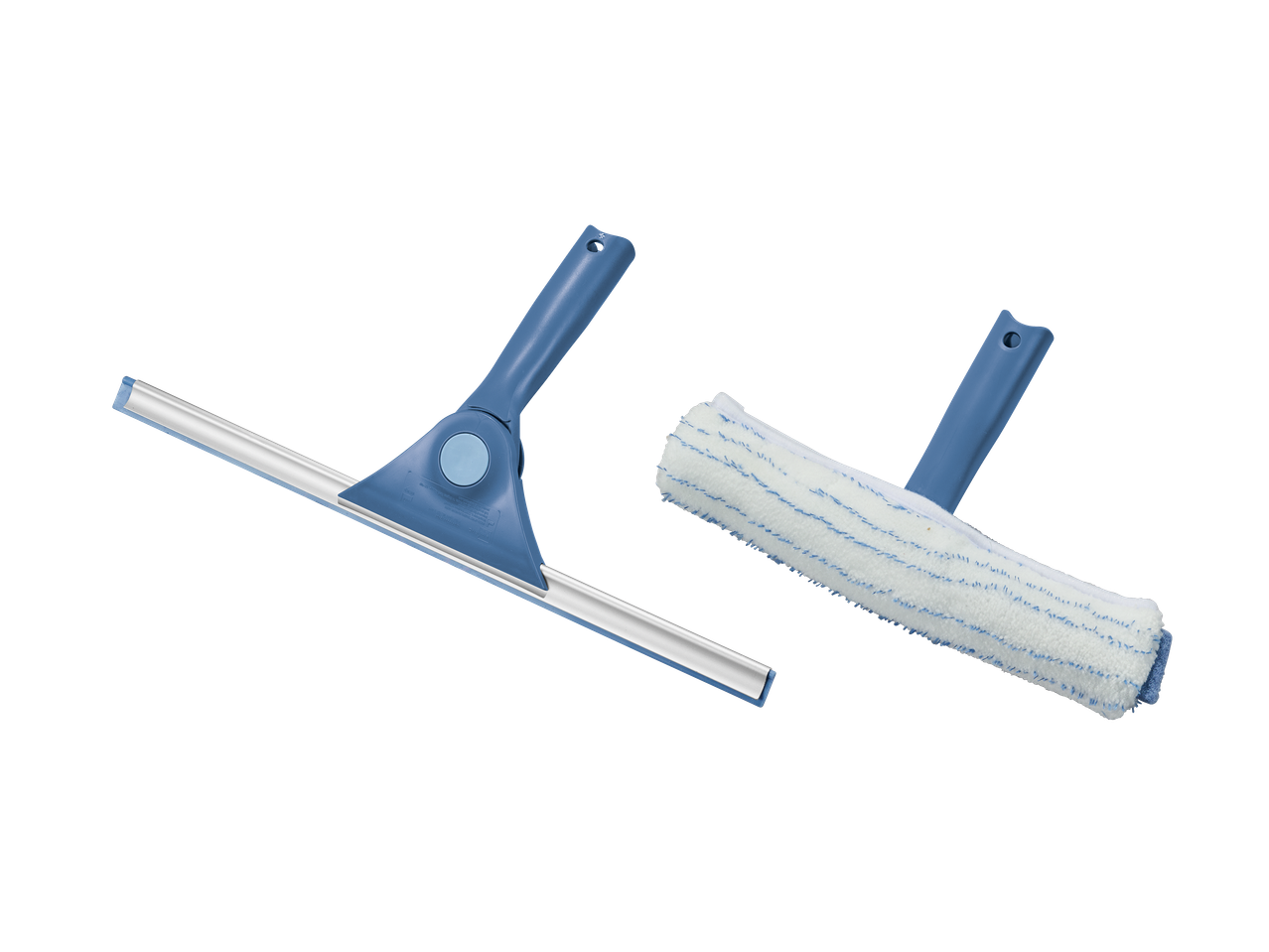 Raclette de nettoyage de vitres et applicateur de lavage de vitres sur fond noir.