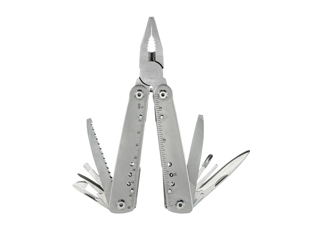 PARKSIDE Daudzfunkcionāls rīks, atvērts ar knaiblēm, zāģi, nazi un lineālu.