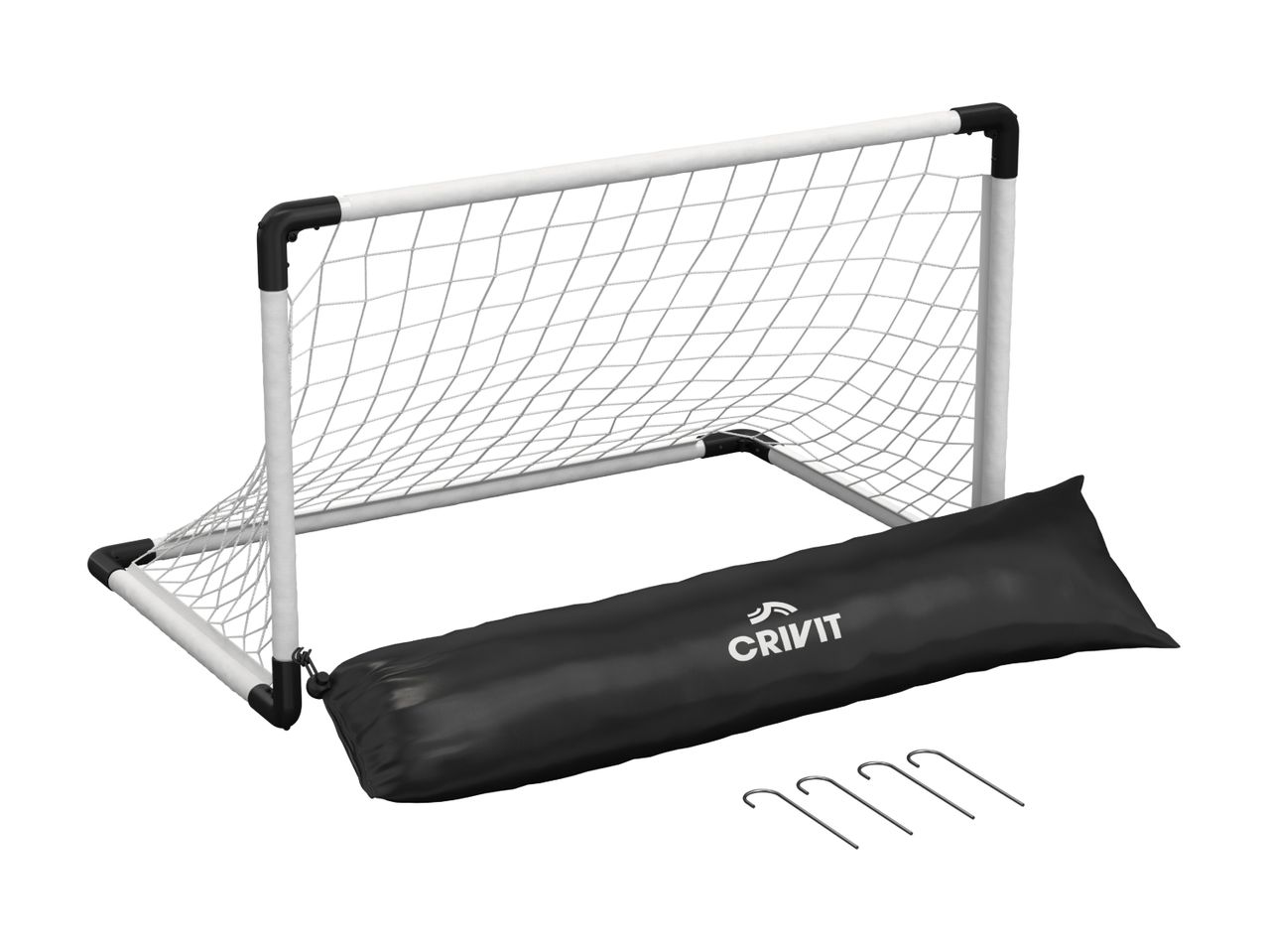 Portable football goal with a black carrying bag and ground anchors.