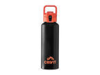 Black Crivit drink bottle with an orange lid and logo.